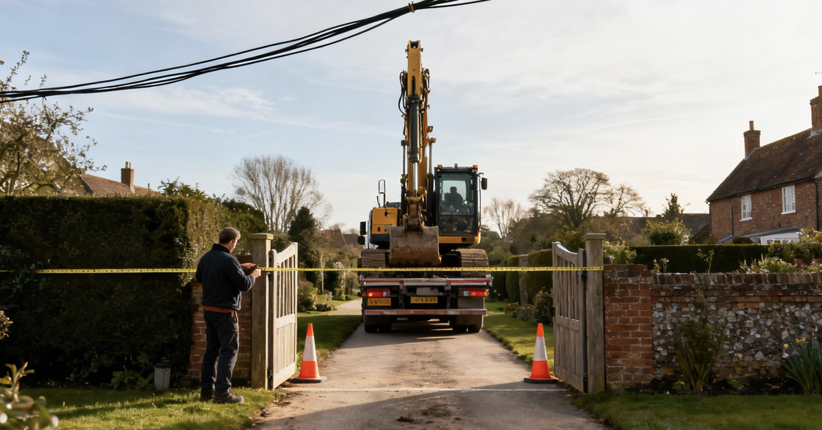 A man sets up caution tape across a driveway as a large yellow digger waits in the background.