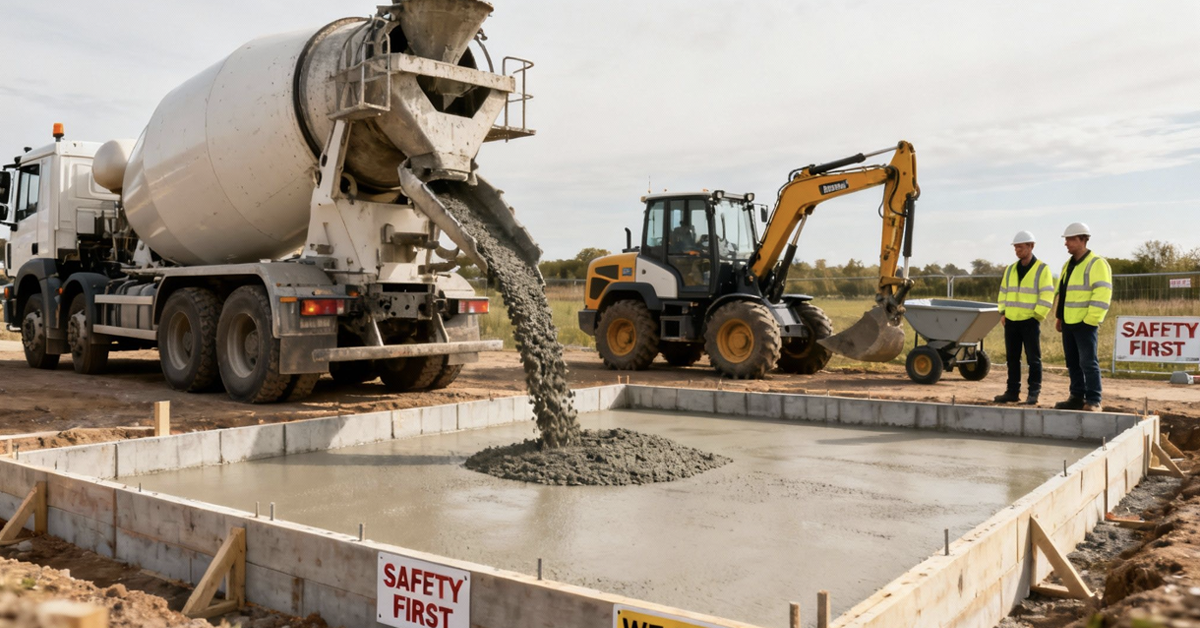 A concrete mixer truck pours wet concrete into a foundation on a construction site, with workers and an excavator.