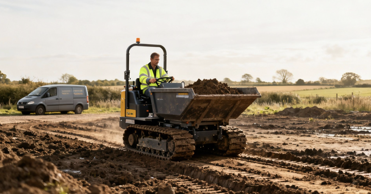 A man in a high-visibility vest operates a yellow and black tracked dumper, moving dirt on a muddy site.