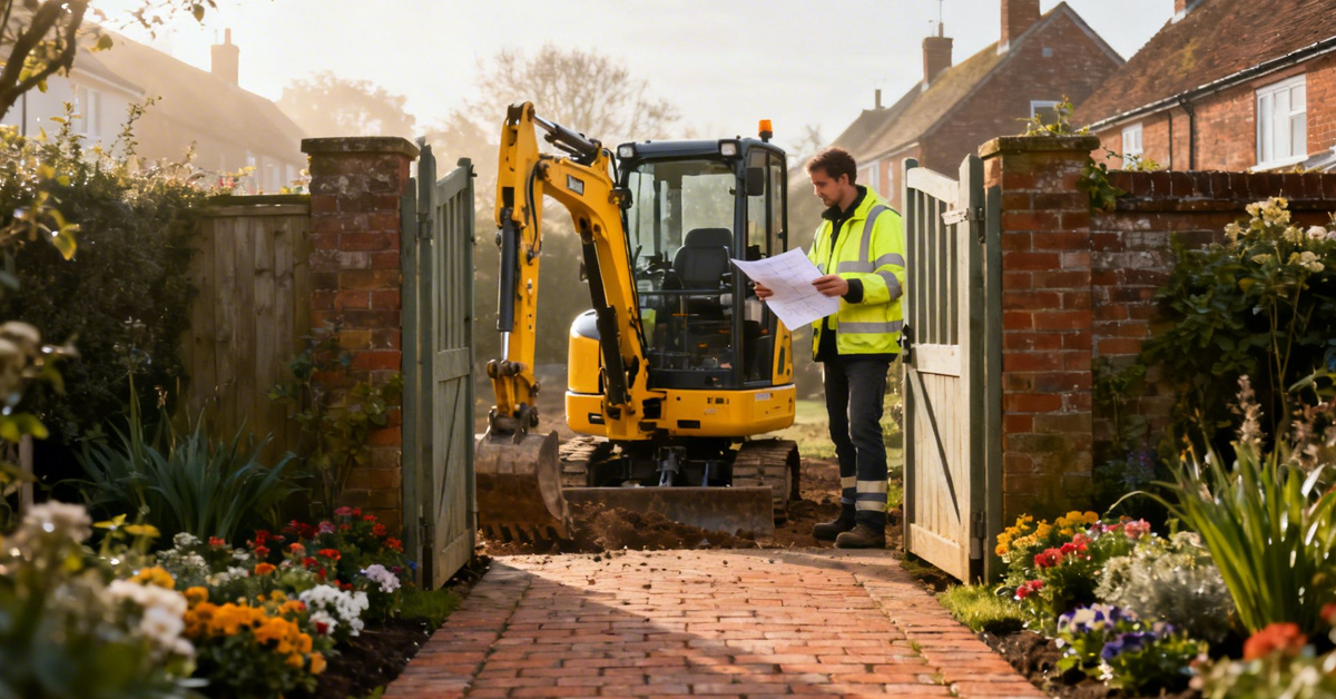 Man in high-vis vest reviews plans beside a yellow mini excavator on a brick path.